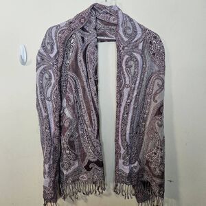 Collection 18 Paisley Print Woven Scarf Wrap W Fringe Lavender Beige Brown Rayon